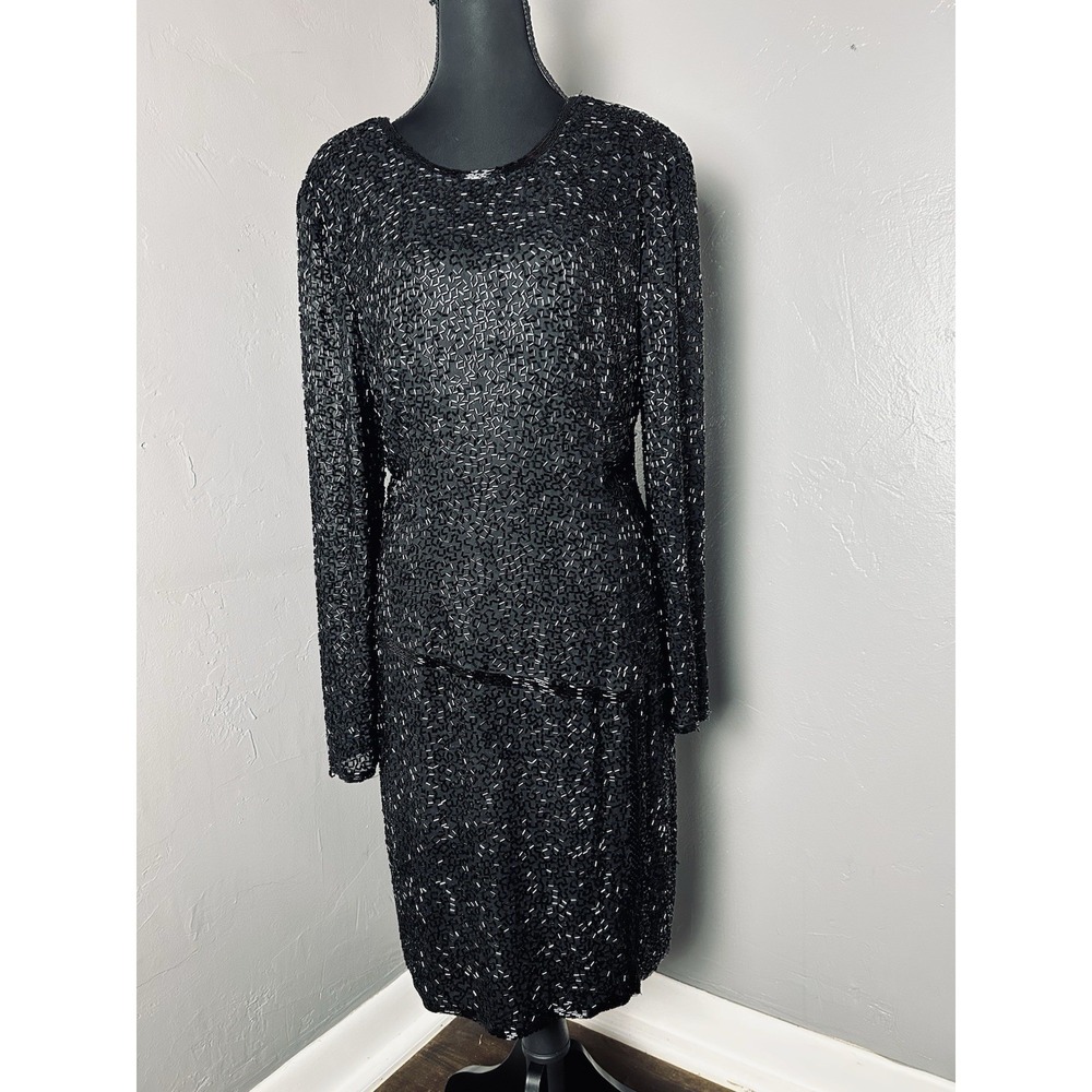 Blacktie Oleg Cassini Black Beaded  Dress 100% Silk Size 10. Holiday party event